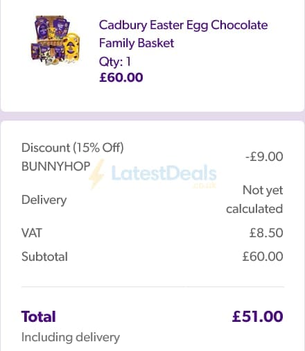 Screenshot of the Cadbury Gifts Direct discount code working