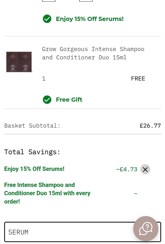 Screenshot of the Grow Gorgeous discount code working