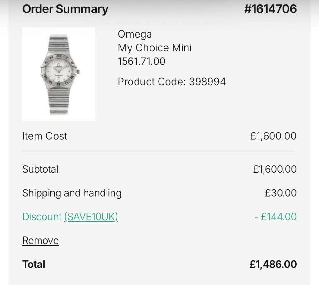 Screenshot of the Watchfinder & Co. discount code working