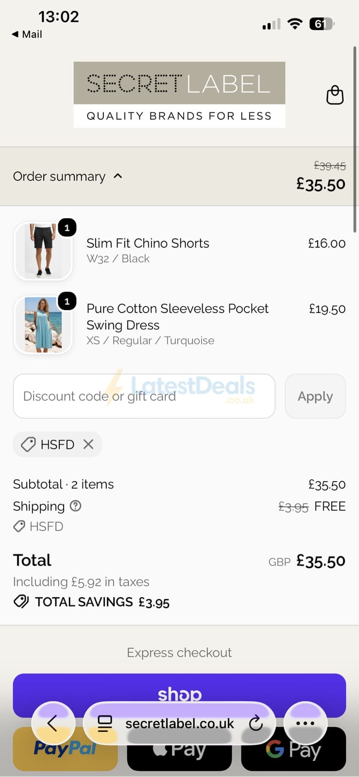Screenshot of the Secret Label discount code working