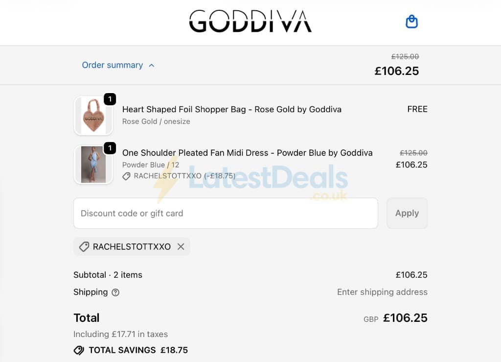 Screenshot of the Goddiva discount code working