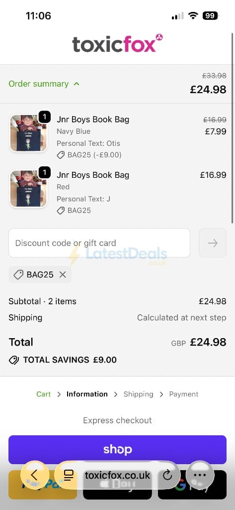 Screenshot of the Toxicfox discount code working