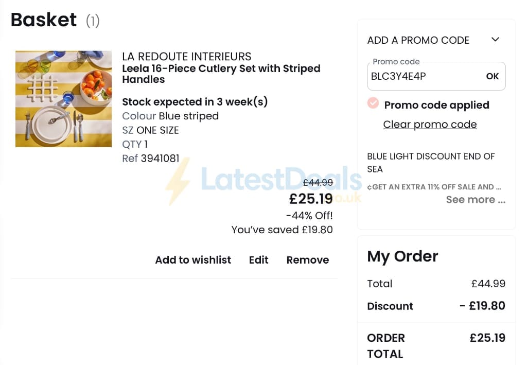 Screenshot of the La Redoute discount code working