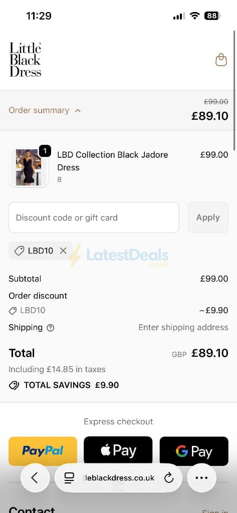 Screenshot of the Little Black Dress discount code working