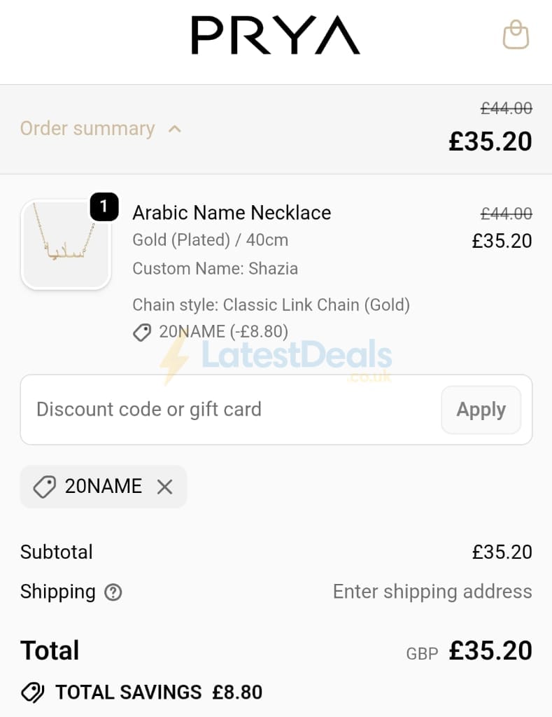 Screenshot of the Prya discount code working