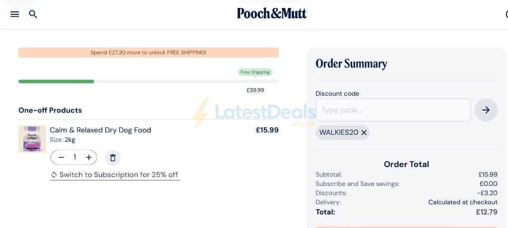 Screenshot of the Pooch & Mutt discount code working