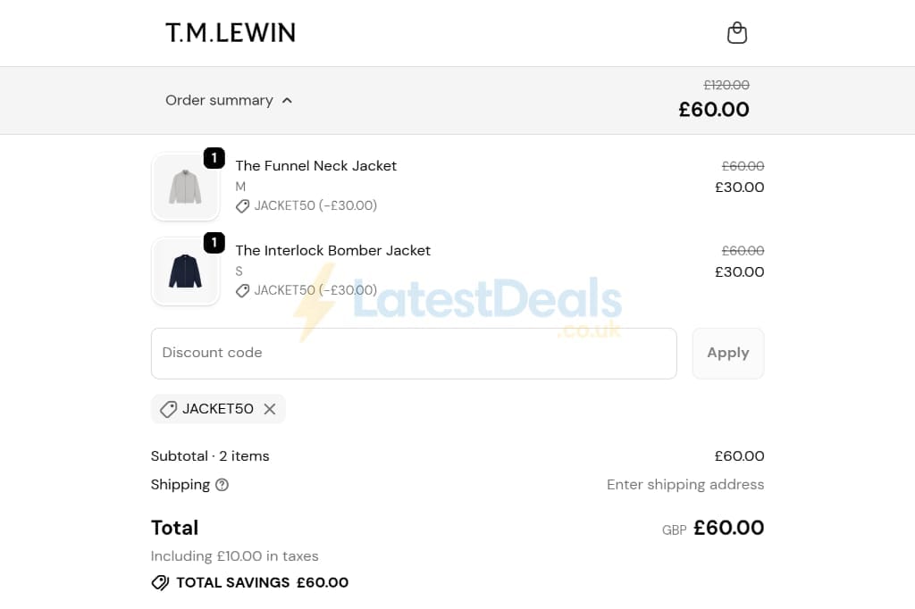 Screenshot of the TM Lewin discount code working