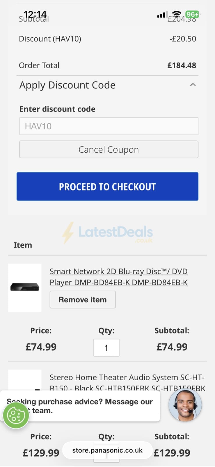 Screenshot of the Panasonic discount code working