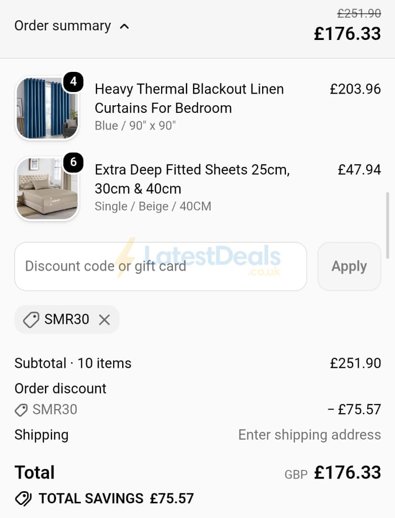 Screenshot of the Yorkshire Bedding discount code working