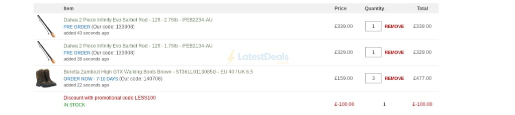 Screenshot of the Uttings discount code working