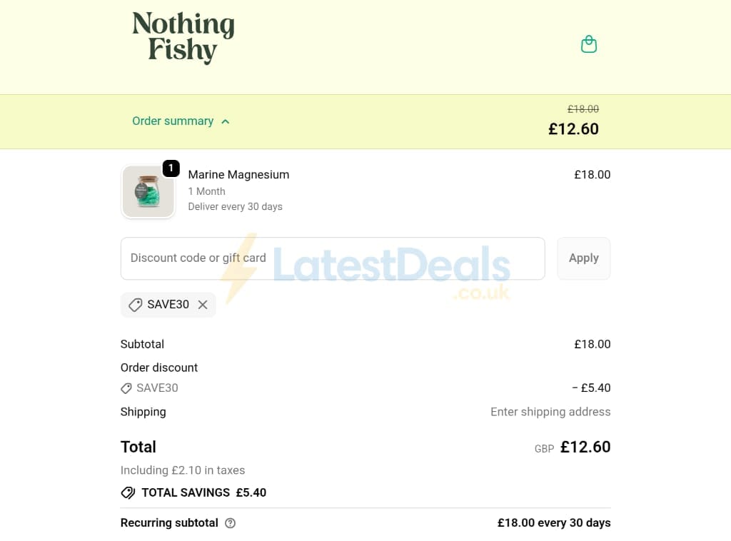 Screenshot of the Nothing Fishy discount code working