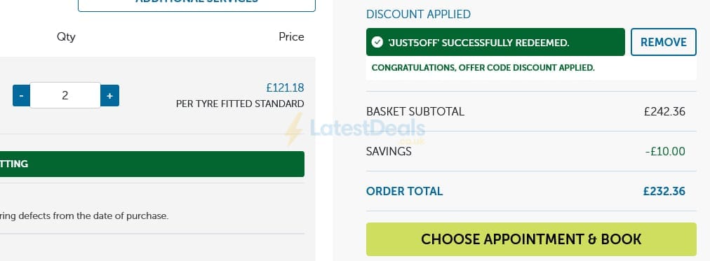 Screenshot of the Just Tyres discount code working