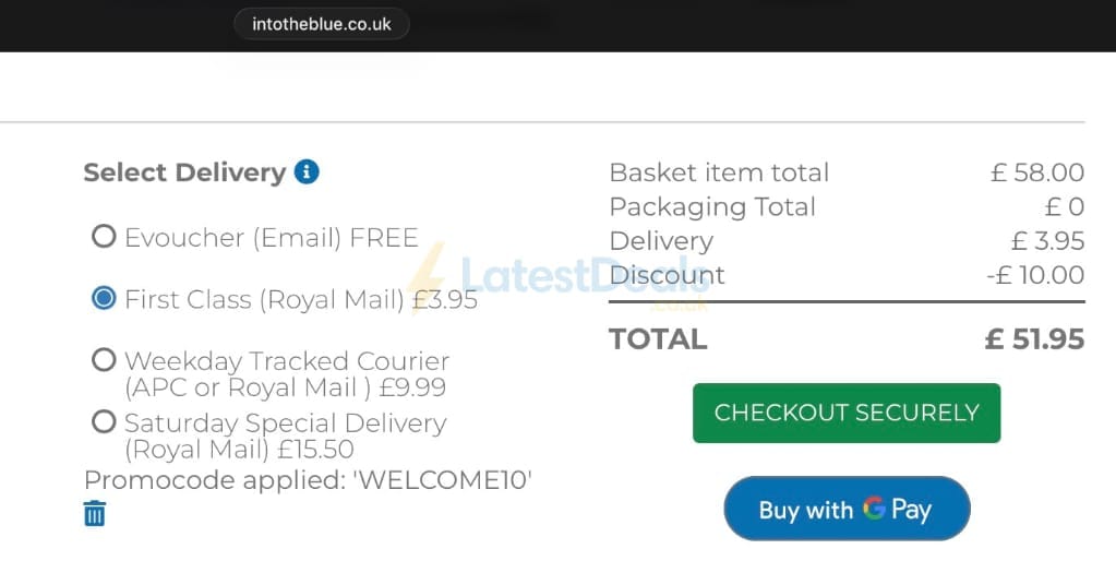 Screenshot of the Into The Blue discount code working