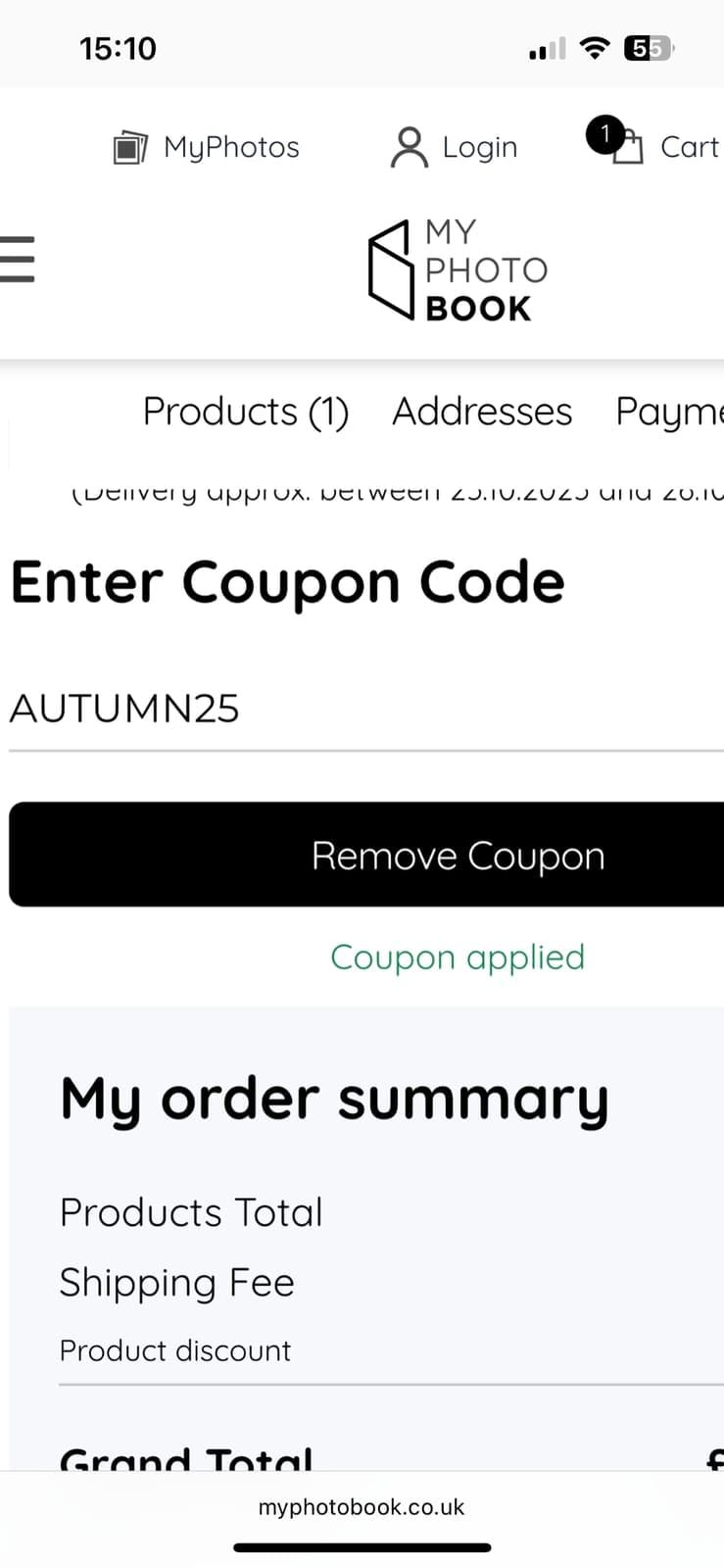 Screenshot of the myphotobook discount code working