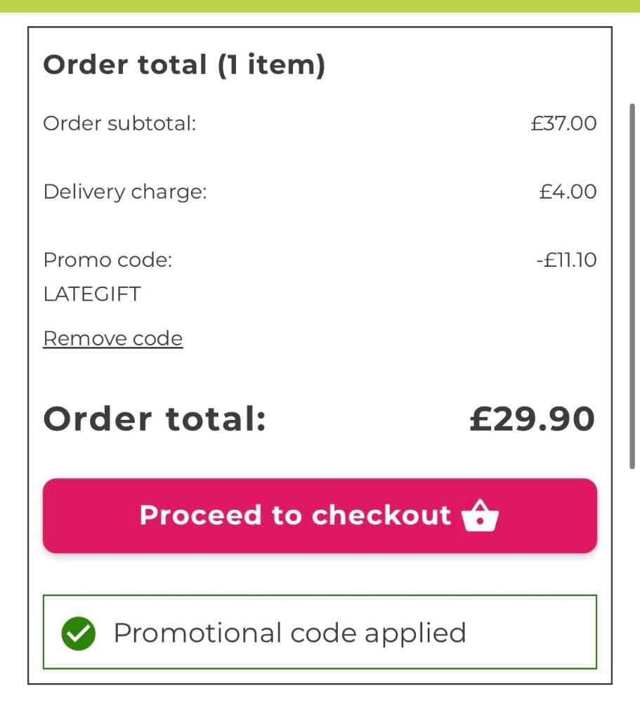 Screenshot of the Flying Flowers discount code working