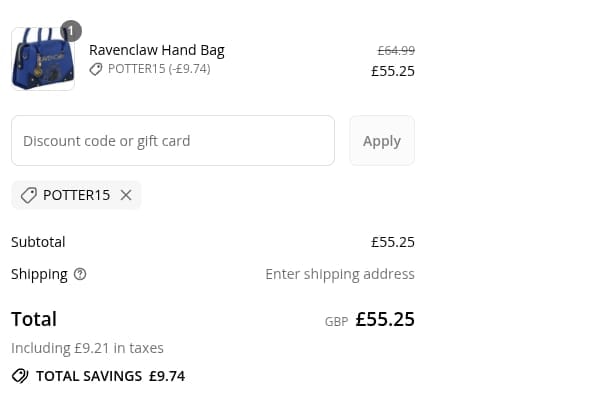 Screenshot of the House of Spells discount code working