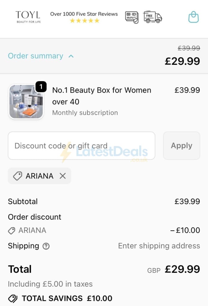 Screenshot of the Toyl discount code working