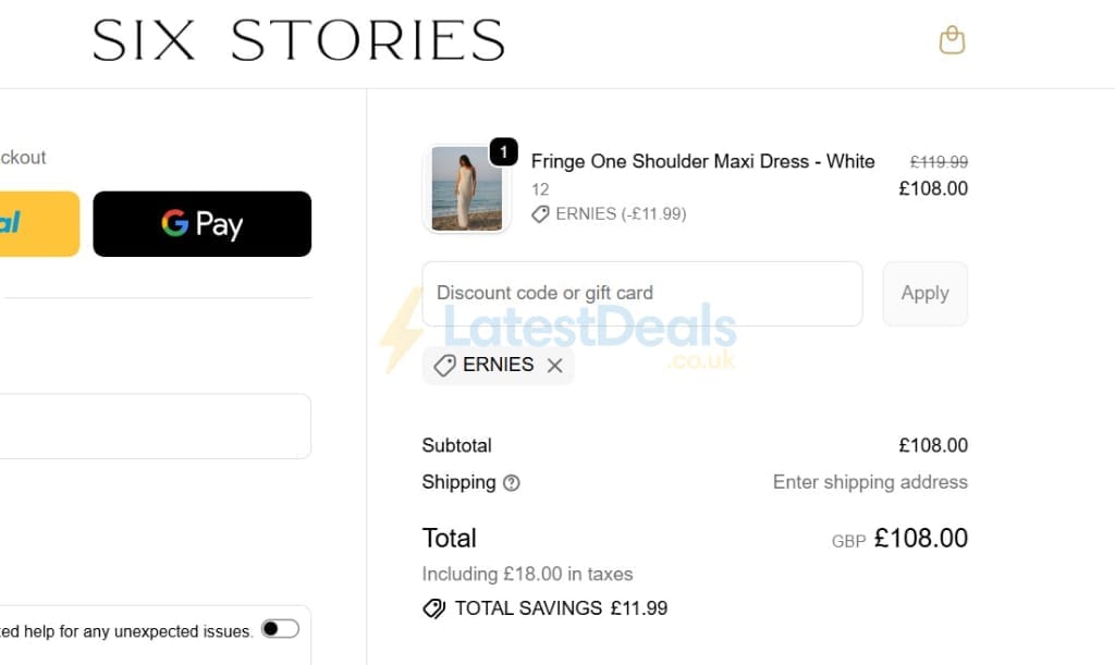 Screenshot of the Six Stories discount code working