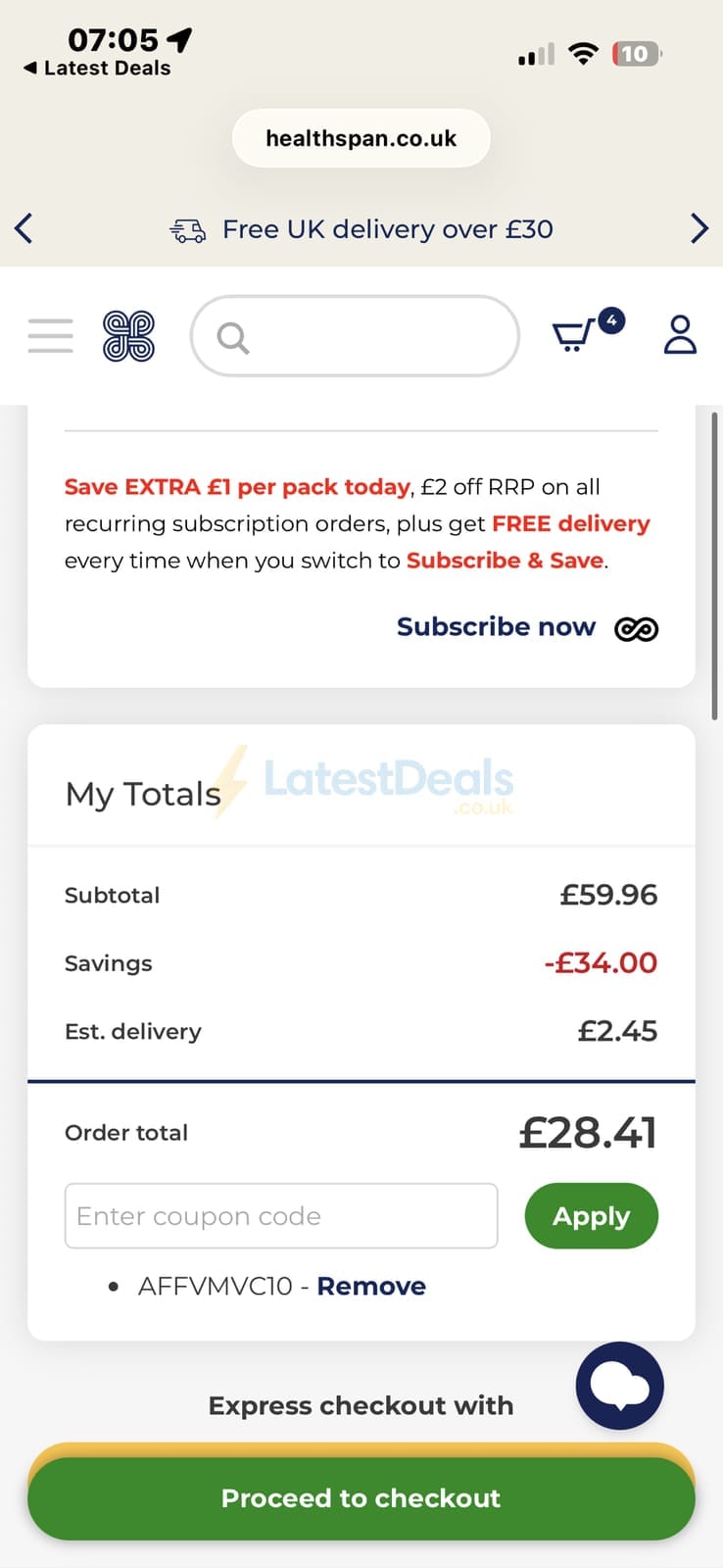 Screenshot of the Healthspan discount code working