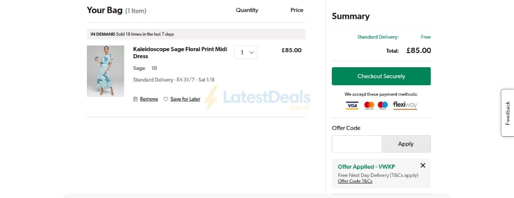 Screenshot of the Kaleidoscope discount code working
