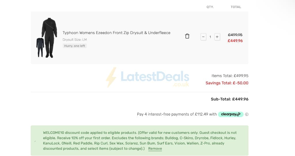 Screenshot of the Wetsuit Outlet discount code working
