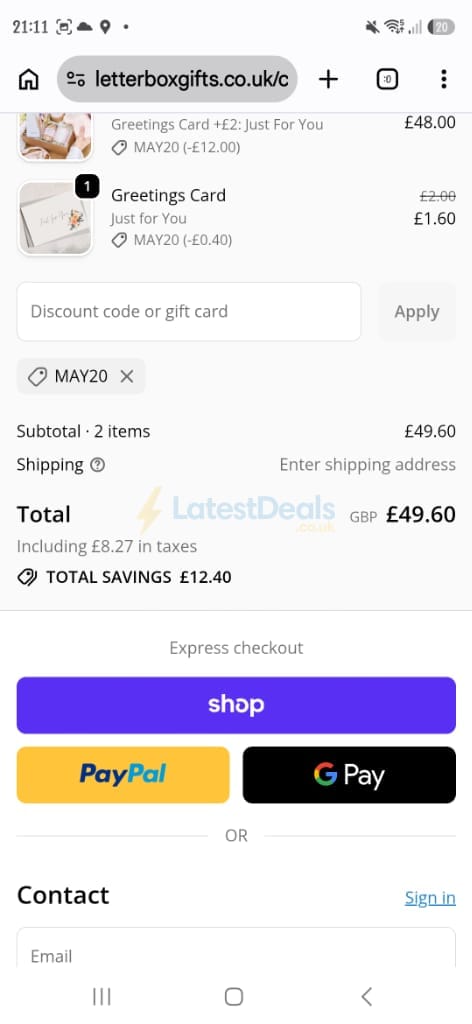 Screenshot of the Letterbox Gifts discount code working