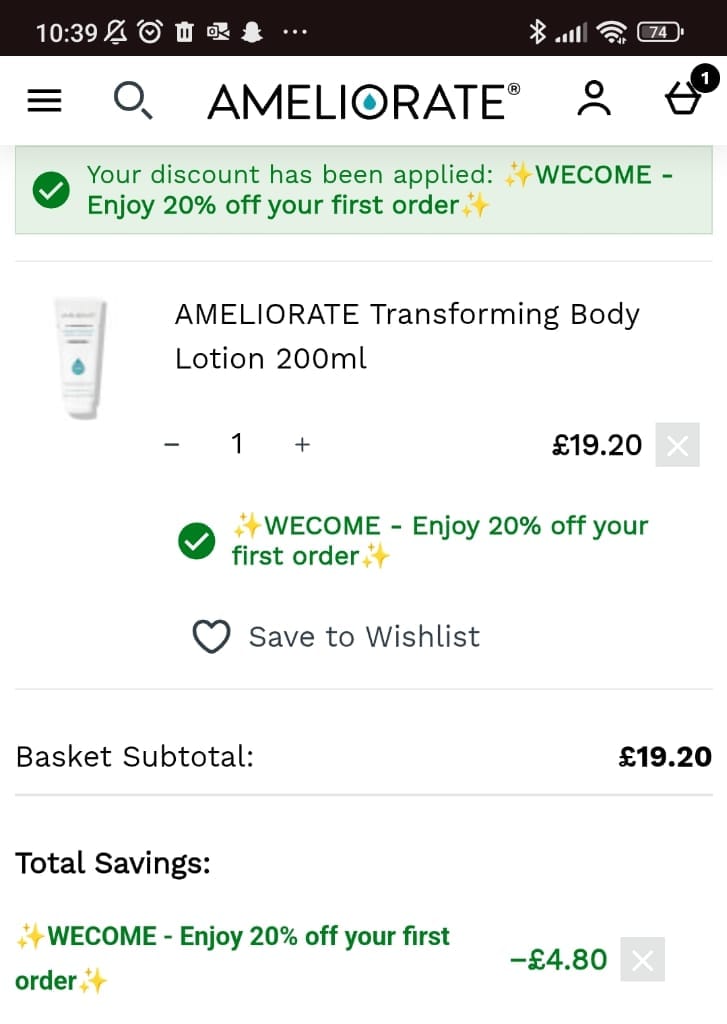 Screenshot of the Ameliorate discount code working
