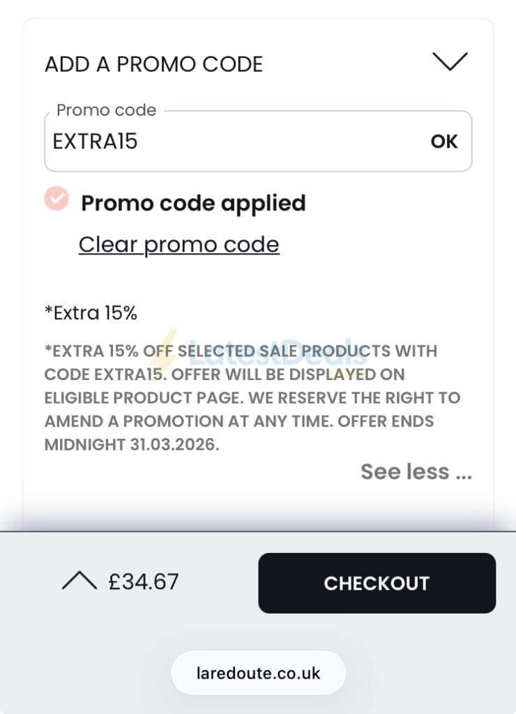 Screenshot of the La Redoute discount code working