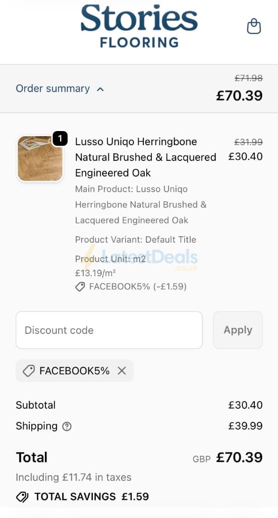 Screenshot of the Stories Flooring discount code working