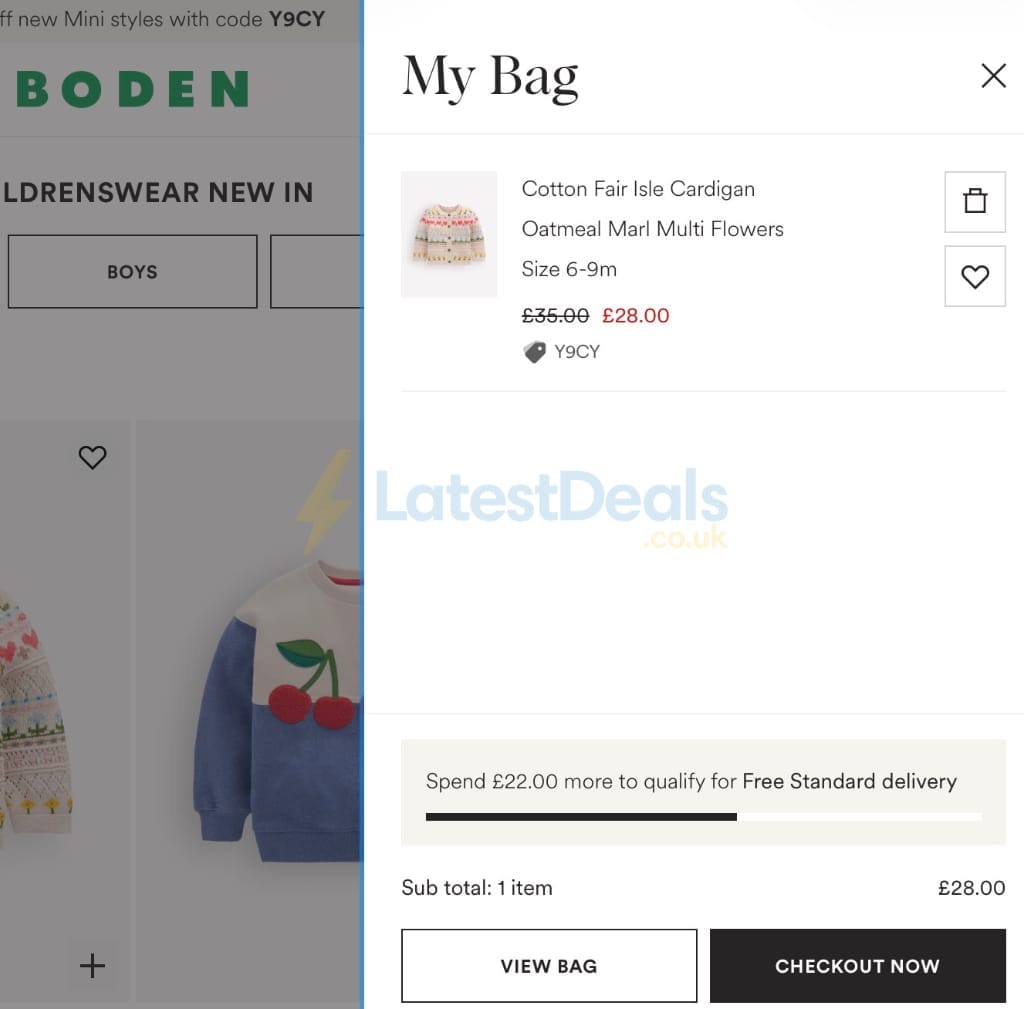 Screenshot of the BODEN discount code working