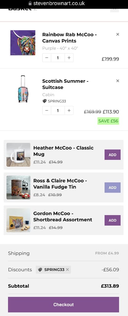 Screenshot of the Steven Brown discount code working