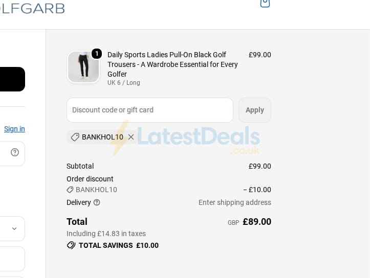 Screenshot of the Golf Garb discount code working