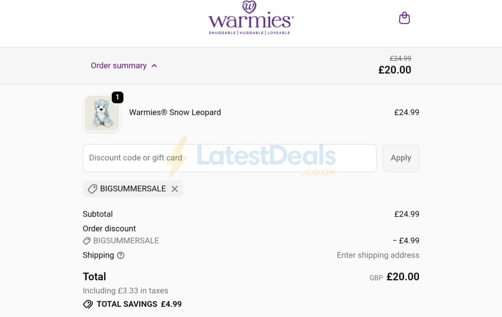 Screenshot of the Warmies discount code working