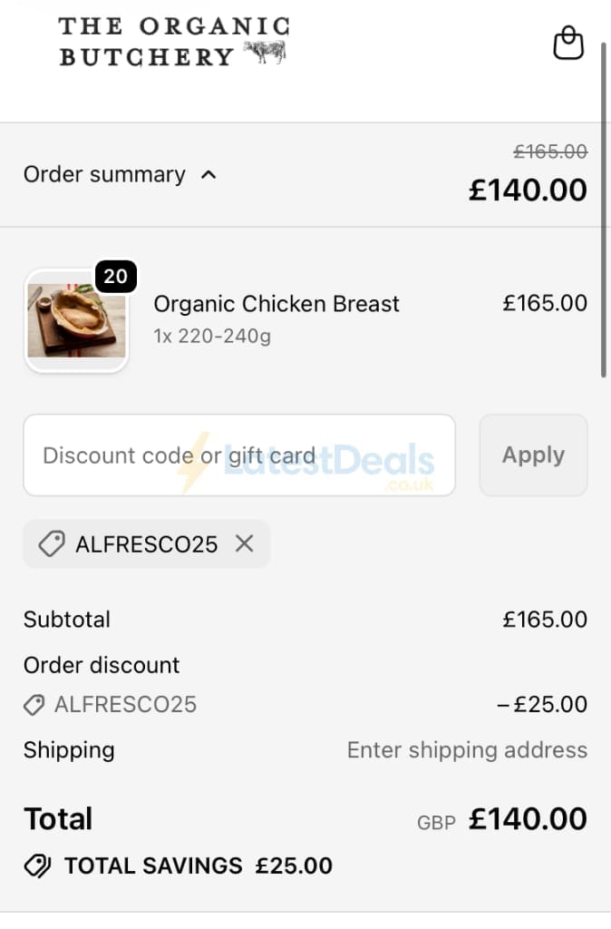 Screenshot of the The Organic Butchery discount code working