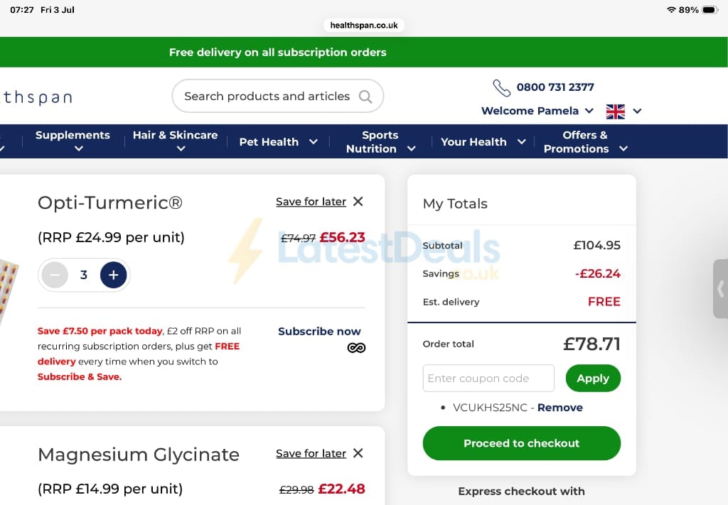 Screenshot of the Healthspan discount code working