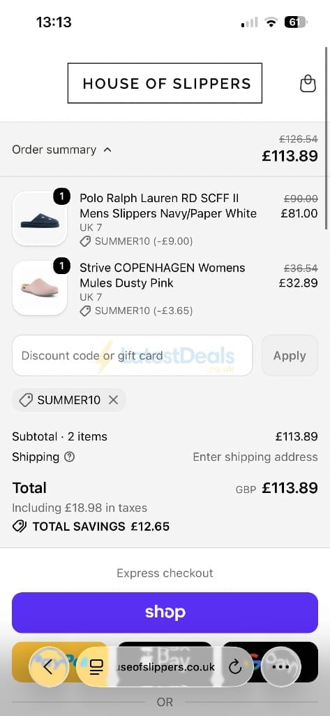 Screenshot of the House of Slippers discount code working
