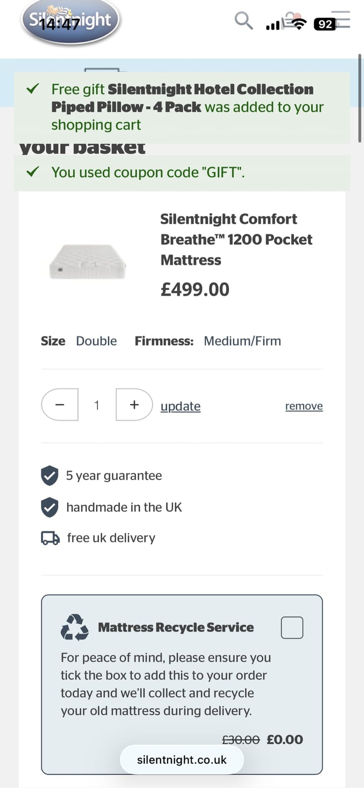 Screenshot of the Silentnight discount code working