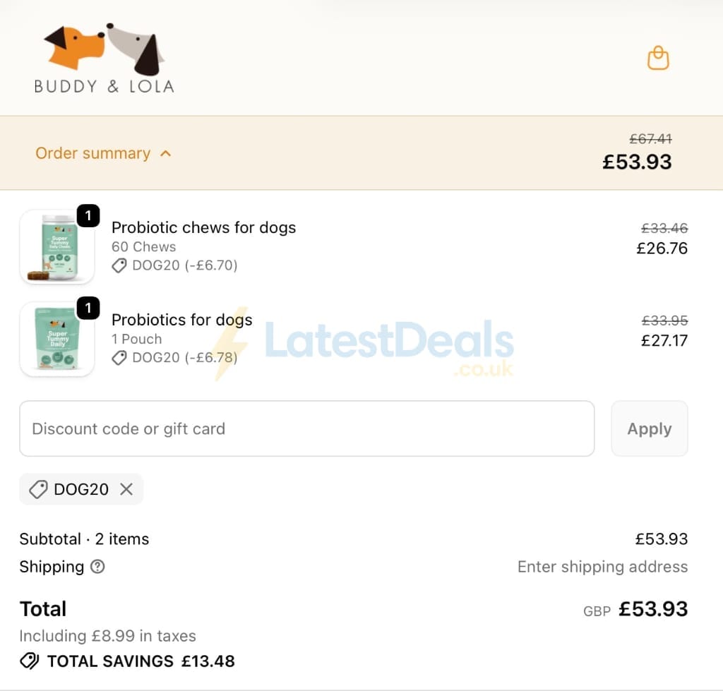 Screenshot of the Buddy & Lola discount code working