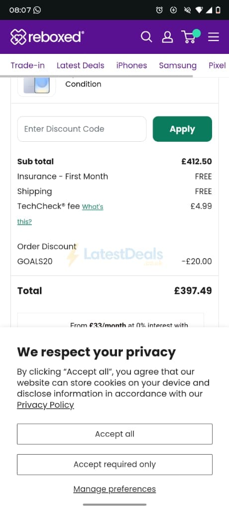 Screenshot of the Reboxed discount code working