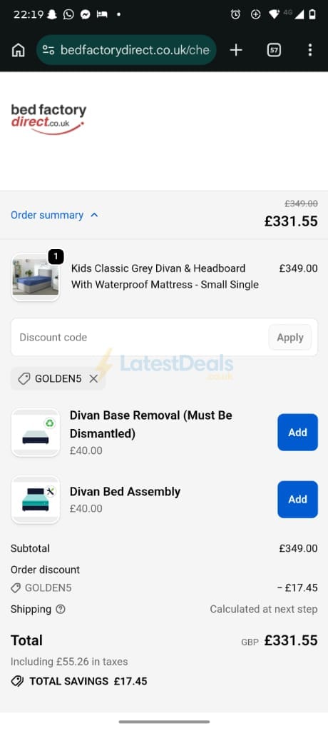 Screenshot of the Bed Factory Direct discount code working