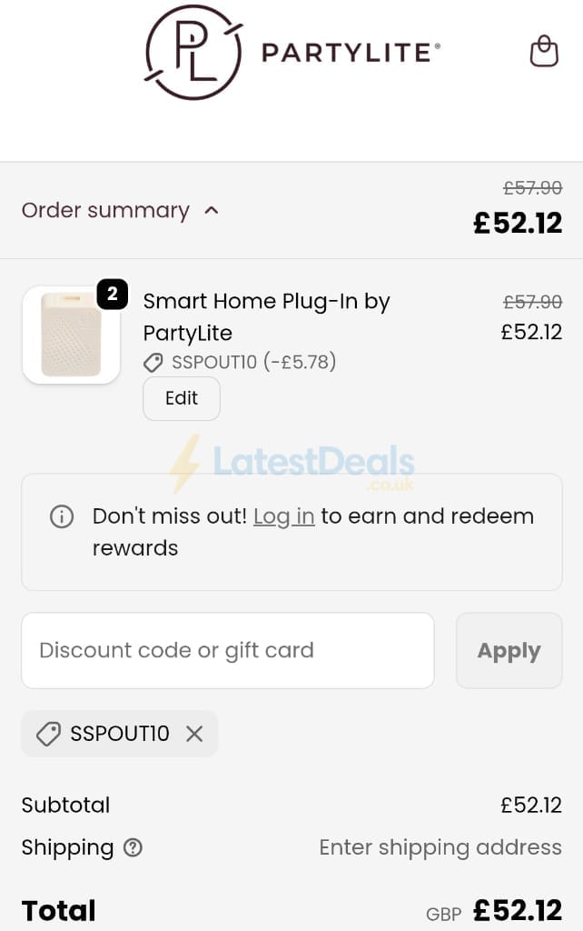 Screenshot of the PartyLite discount code working