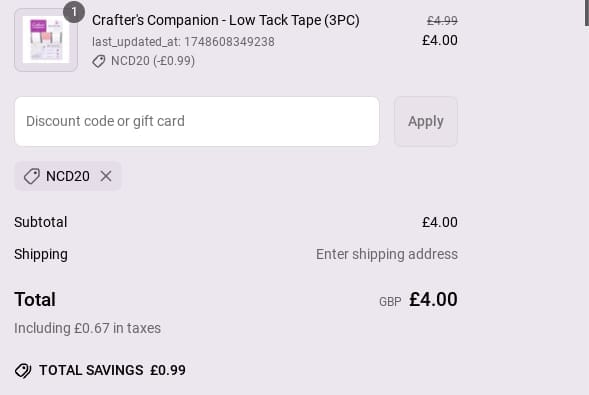 Screenshot of the Crafters Companion discount code working