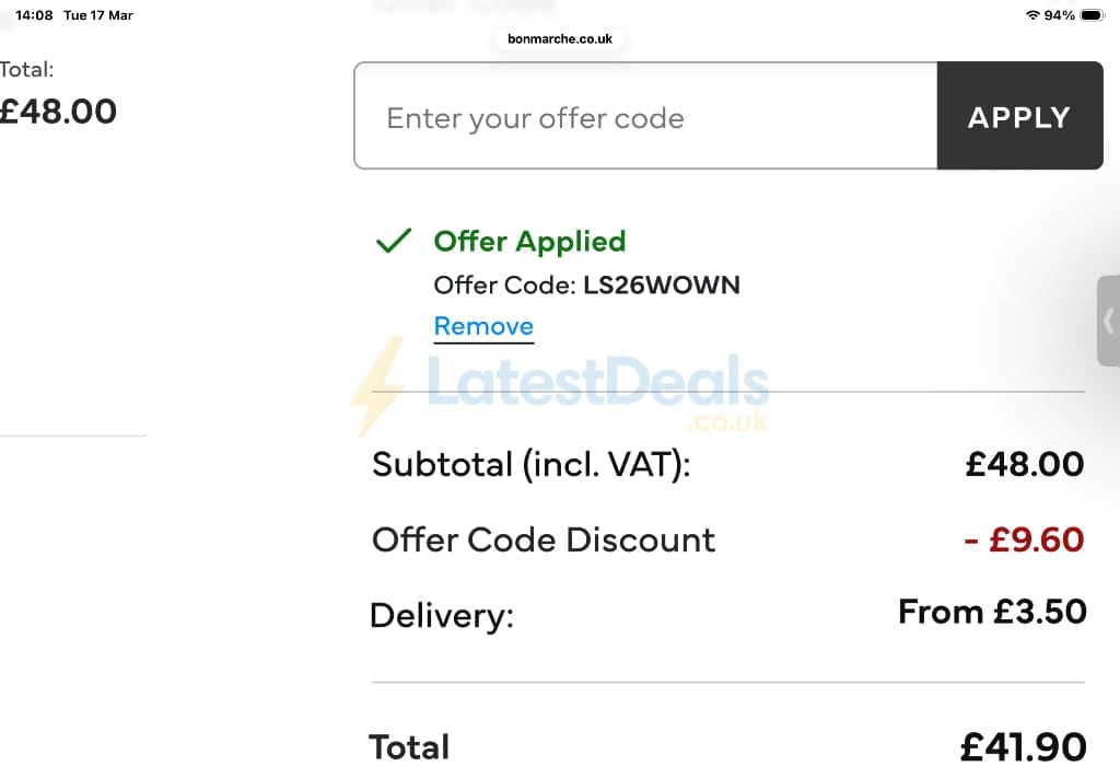 Screenshot of the Bonmarche discount code working