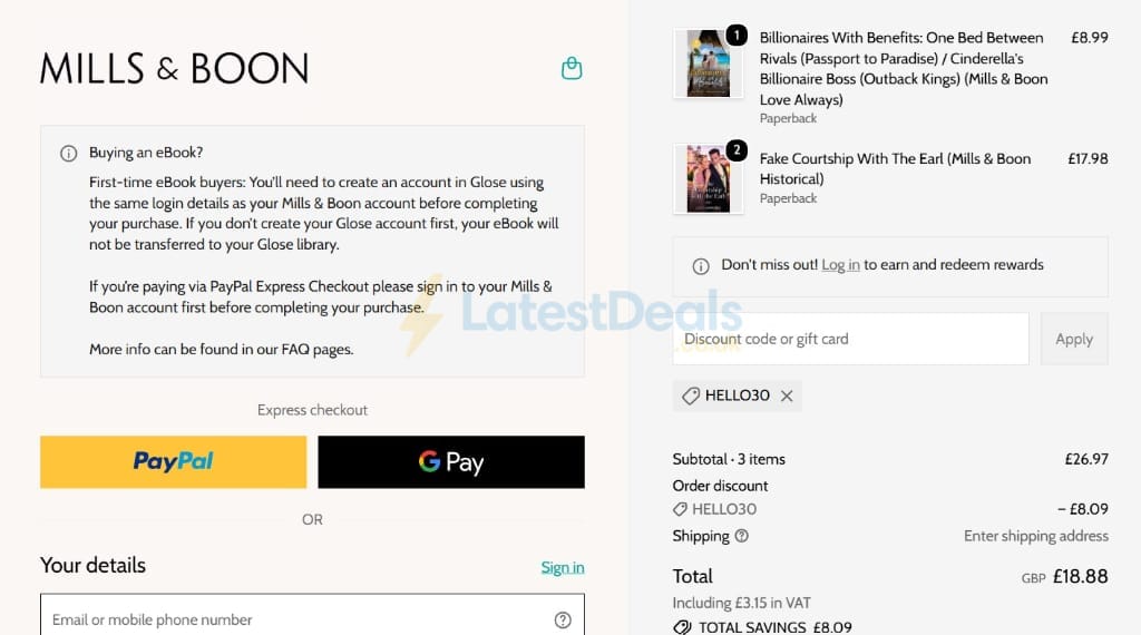 Screenshot of the Mills & Boon discount code working