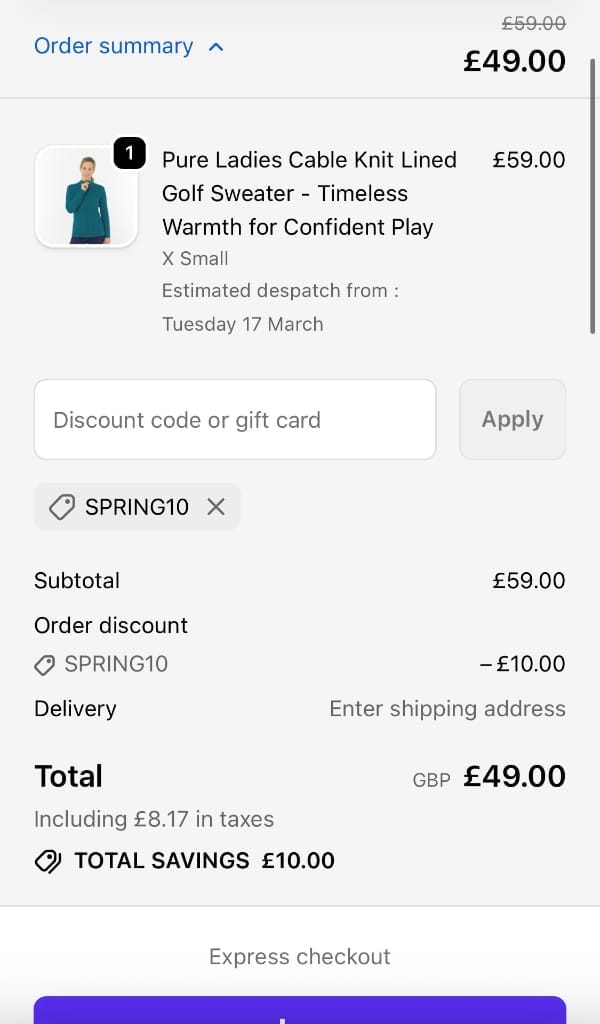 Screenshot of the Golf Garb discount code working