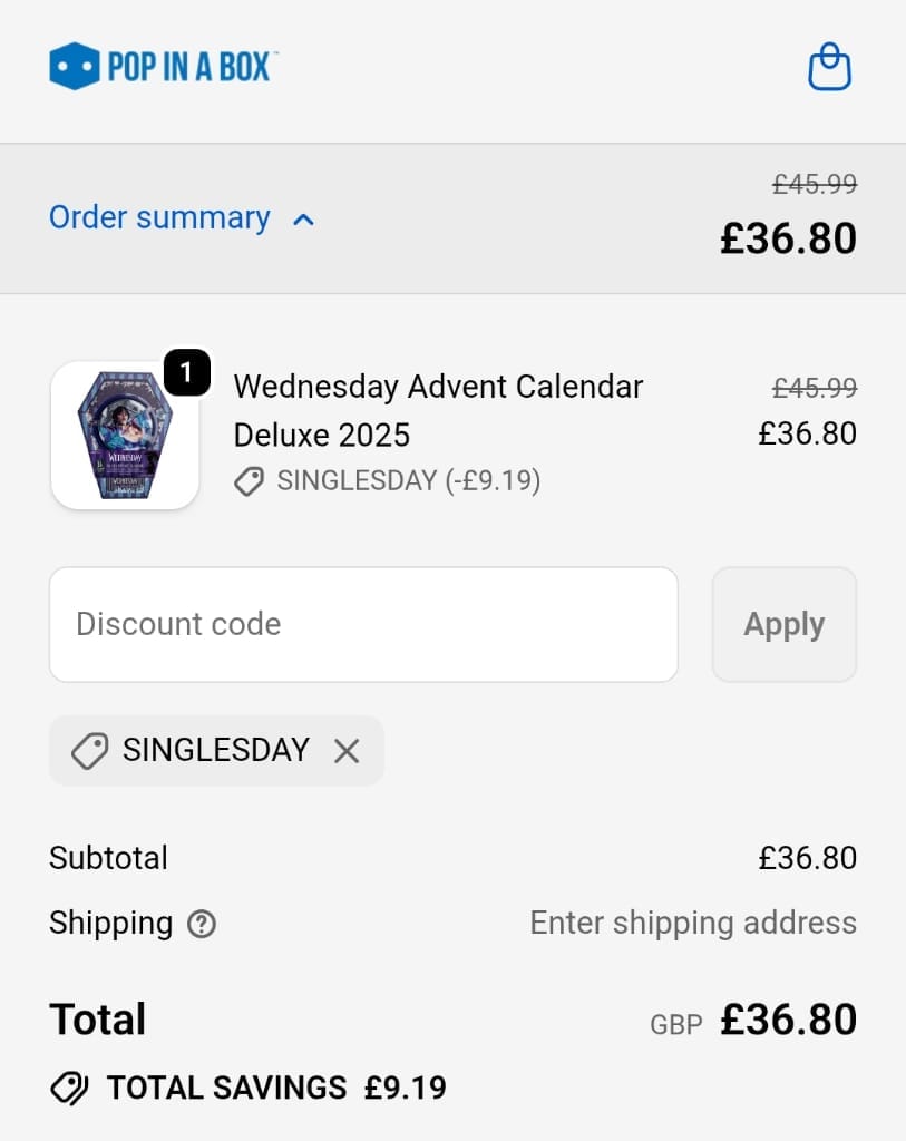 Screenshot of the Pop In A Box discount code working