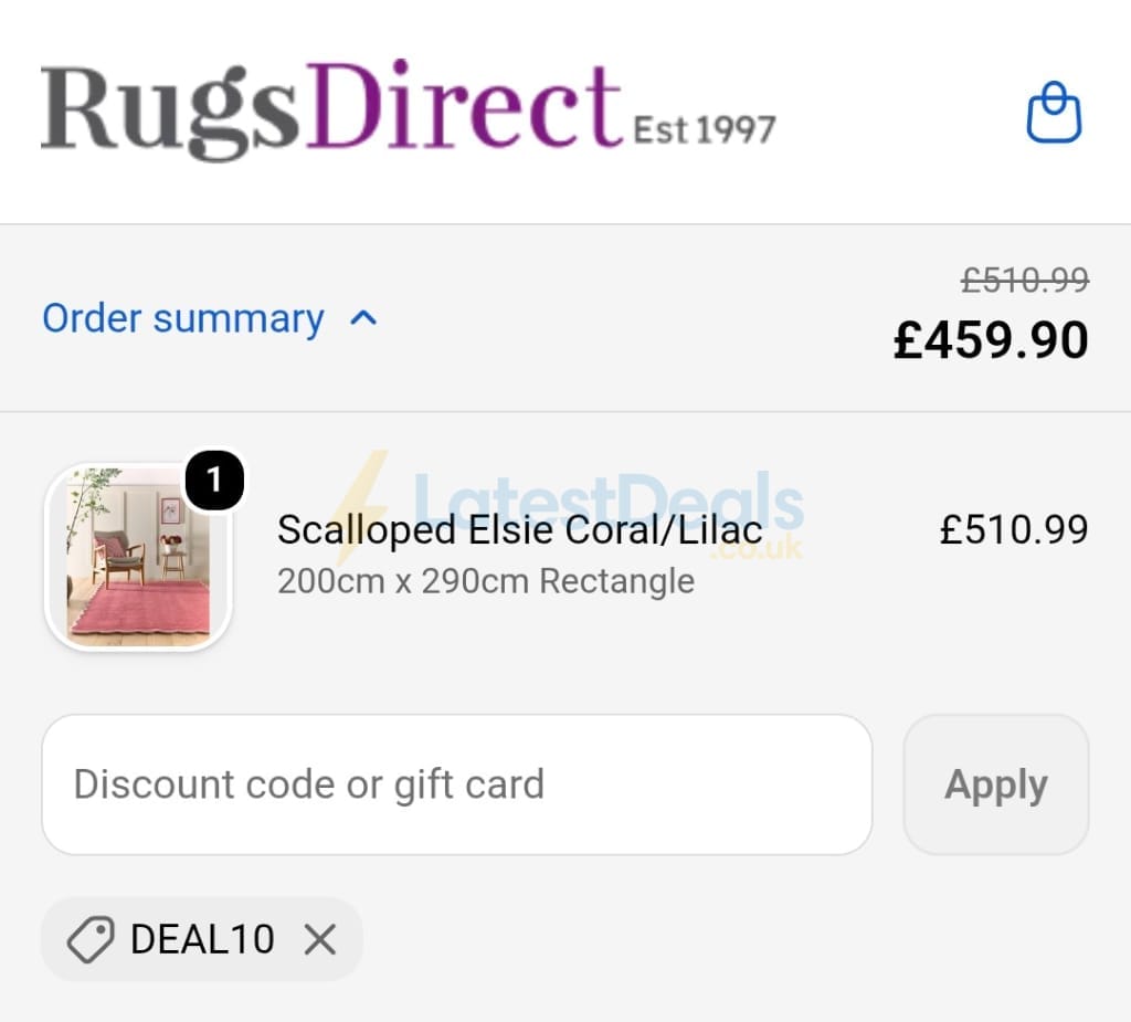 Screenshot of the Rugsdirect discount code working