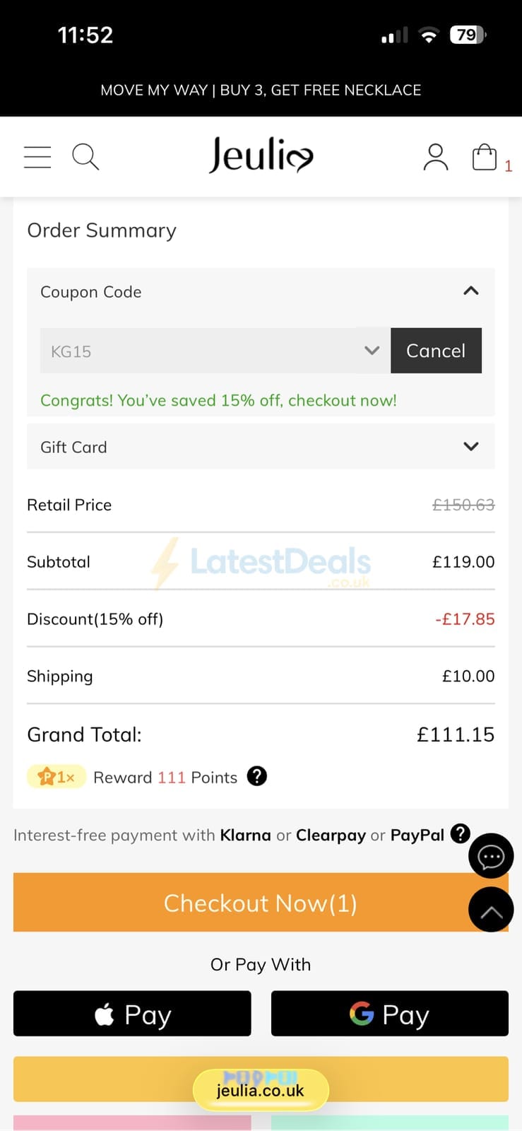 Screenshot of the Jeulia discount code working