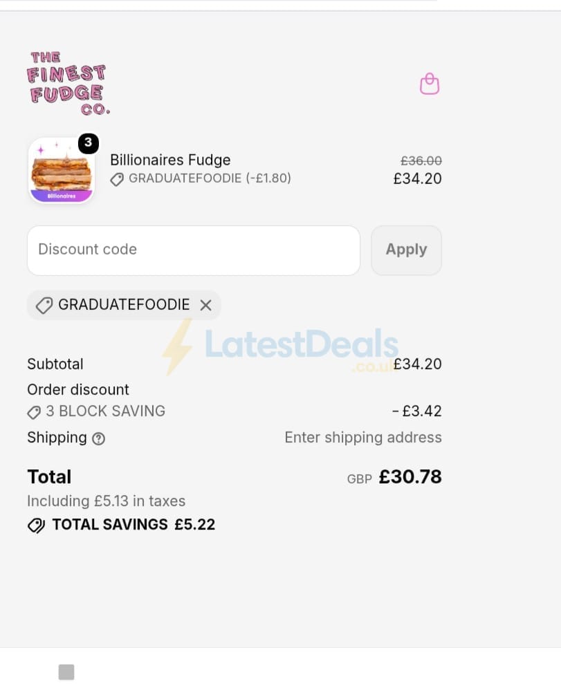 Screenshot of the The Finest Fudge Co. discount code working
