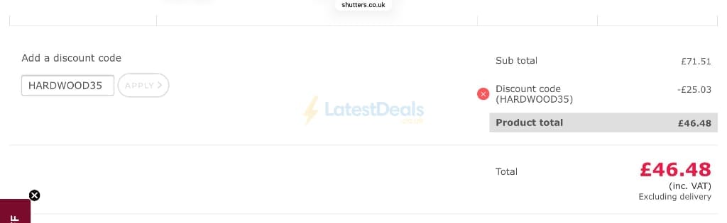 Screenshot of the Shutter Store UK discount code working